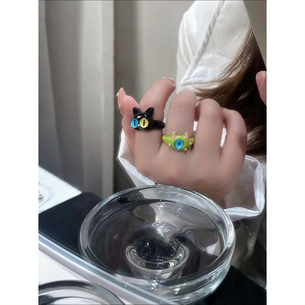 Popkozzi Nhẫn Hình Mèo Đen Mắt To Có Thể Điều Chỉnh Cho Nữ