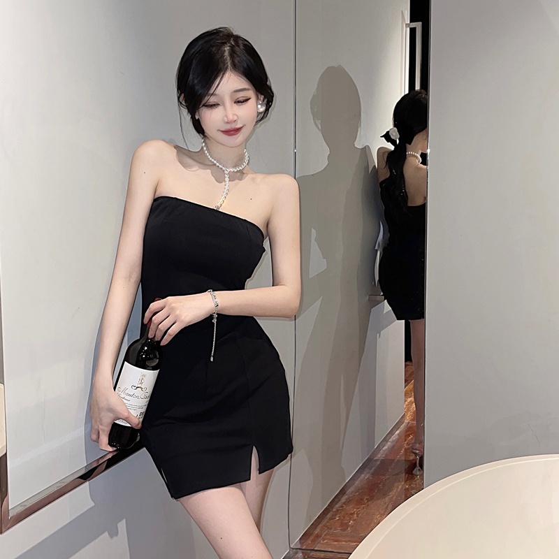 Đầm Hai Dây Màu Đen Đính Ngọc Trai Phong Cách Retro Mỹ Cho Nữ