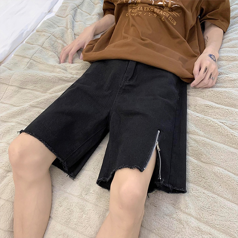 Quần Short Denim Dáng Rộng Viền Khóa Kéo Phong Cách Đường Phố Mùa Hè Đơn Giản Cho Nam