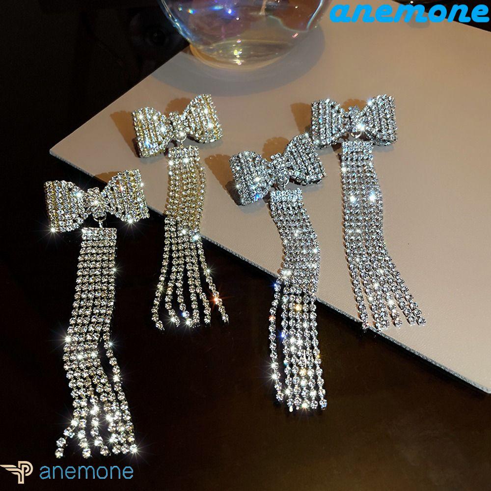 ANEMONE Bông Tai Dáng Dài Hình Nơ Bằng Hợp Kim Đính Đá Lấp Lánh Thời Trang Phong Cách Hàn Quốc Cho Nữ