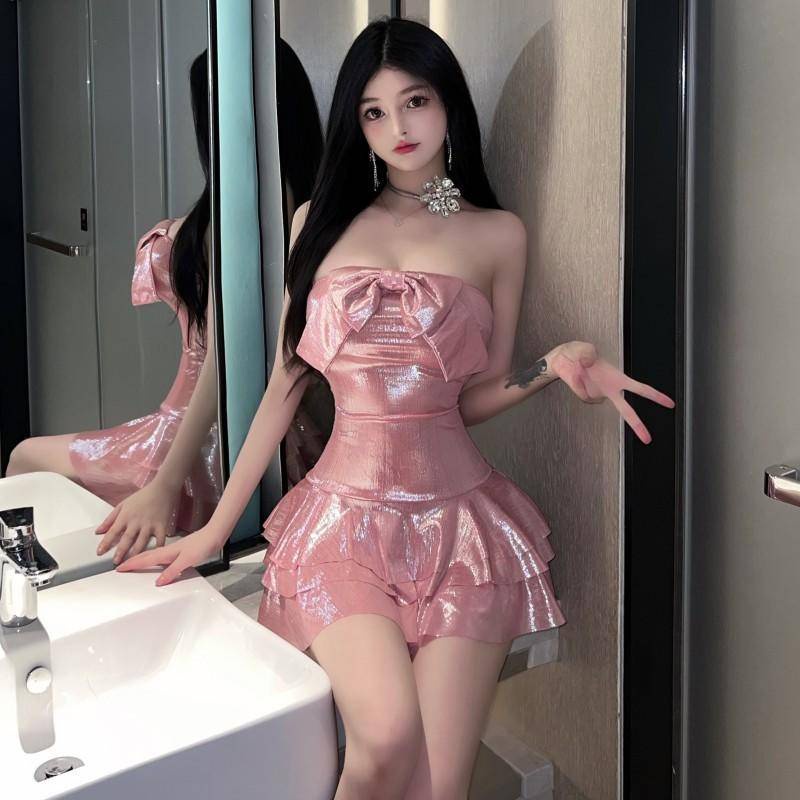 Bán Sỉ Đầm Ống Nhún Bèo Màu Hồng Đính Nơ Gợi Cảm