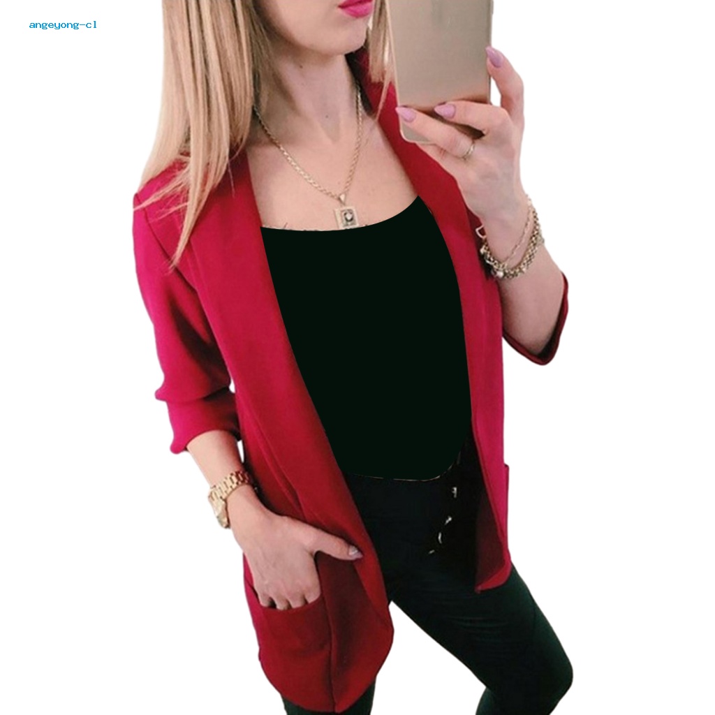 Angeyong Áo Khoác Suit Màu Trơn Dài Trung Bình Có Túi Thời Trang Xuân Thu Cho Nữ