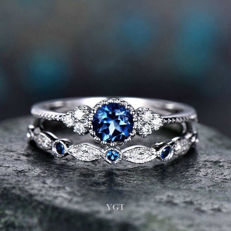 Set 2 Nhẫn Đính Đá Zircon Xanh Thời Trang Cho Nữ