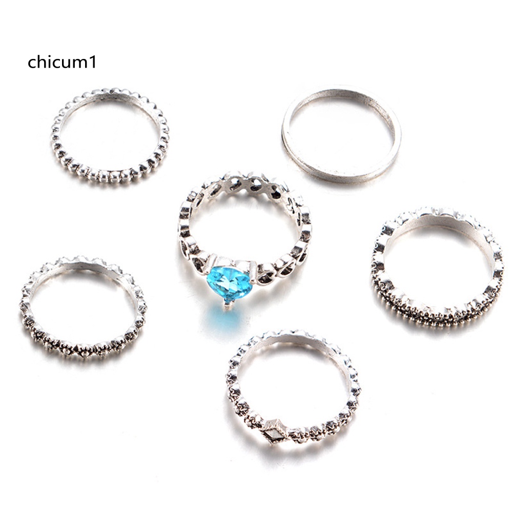 Set 6 Nhẫn Đốt Ngón Tay Nhiều Kiểu Đính Đá Pha Lê Hình Trái Tim Phong Cách Boho