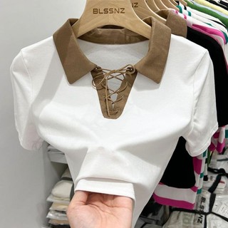 Áo thun polo ngắn tay cột dây màu trơn phong cách retro mùa hè cho nữ