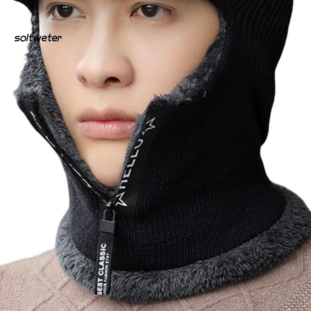 Mũ Giữ Nhiệt Dệt Kim Lót Lông Cừu Màu Trơn Bảo Vệ Cổ 2 Trong 1 Có Khóa Kéo Cho Nam