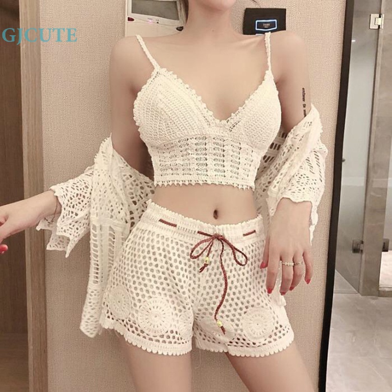 Gjocute Quần Short Dây Rút An Toàn Đi Biển Phối Ren Hoa Khoét Rỗng Kiểu Bohemia Giản Dị WTD