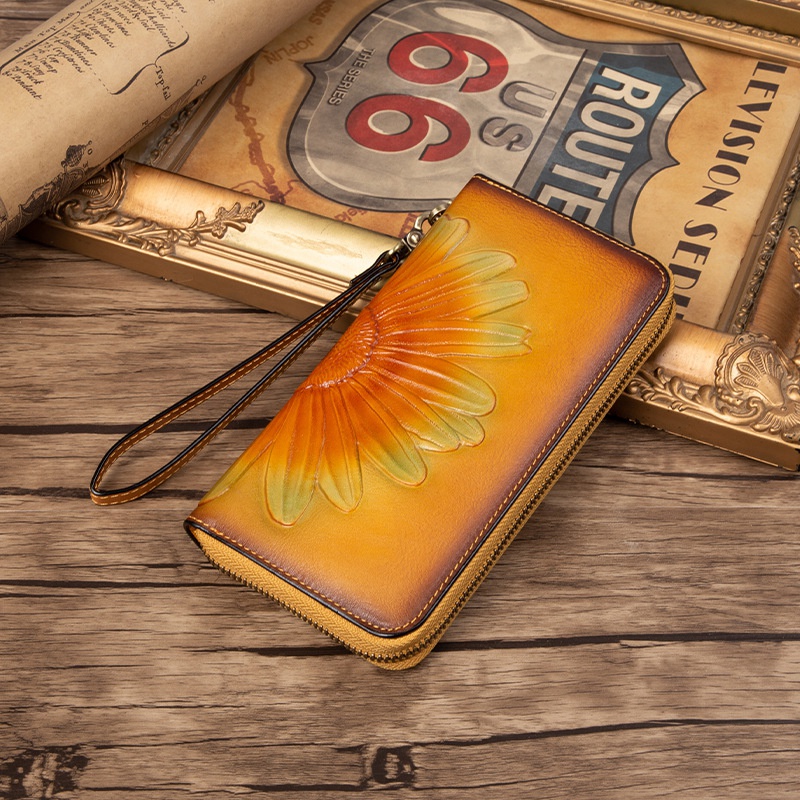 Ví Da Bò Thật Dáng Dài Có Khóa Kéo Phong Cách Retro Cho Nữ