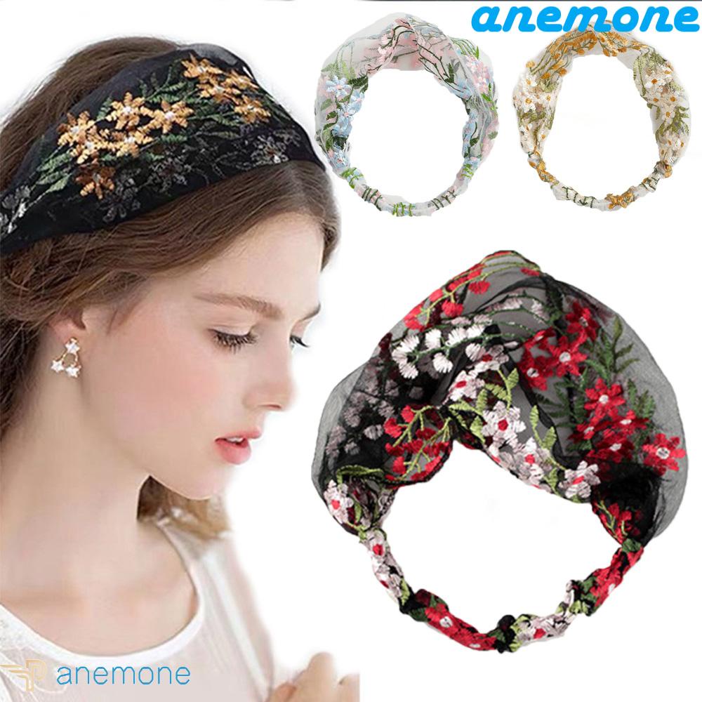 ANEMONE Băng Đô Cài Tóc Phối Ren Họa Tiết Hoa Thêu Đơn Giản Phong Cách Retro