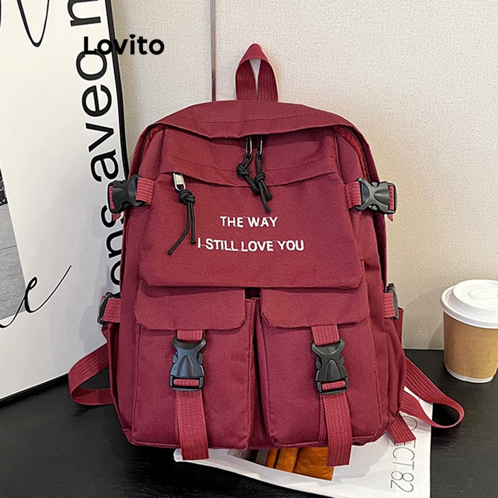 Lovito Ba lô có khóa bỏ túi thông thường có sức chứa lớn dành cho nữ L57AD189 (Tắt Trắng/Đỏ/Đen)