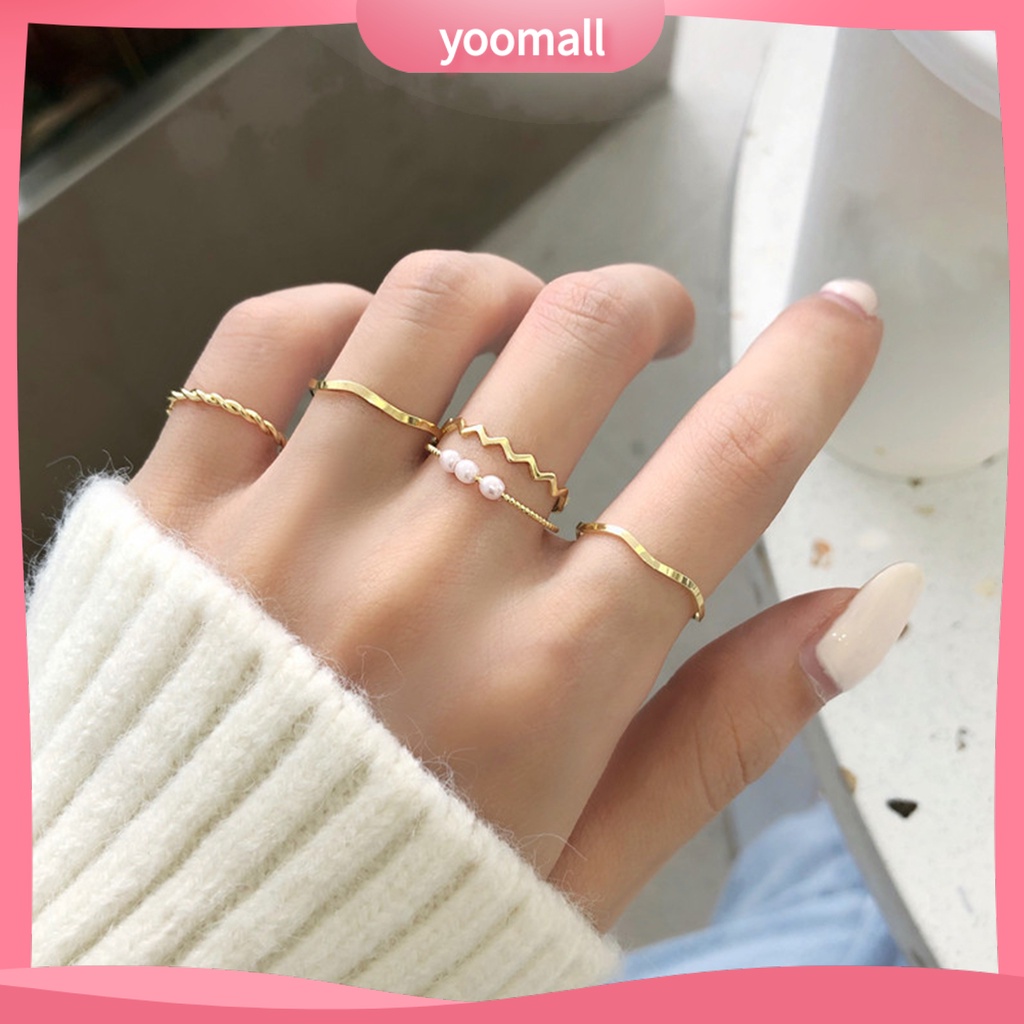 Bộ 5 Nhẫn Đính Ngọc Trai Giả Phong Cách Hàn Quốc / Nhật Bản / Nhật Bản Độc Đáo Thời Trang Dự Tiệc Cưới