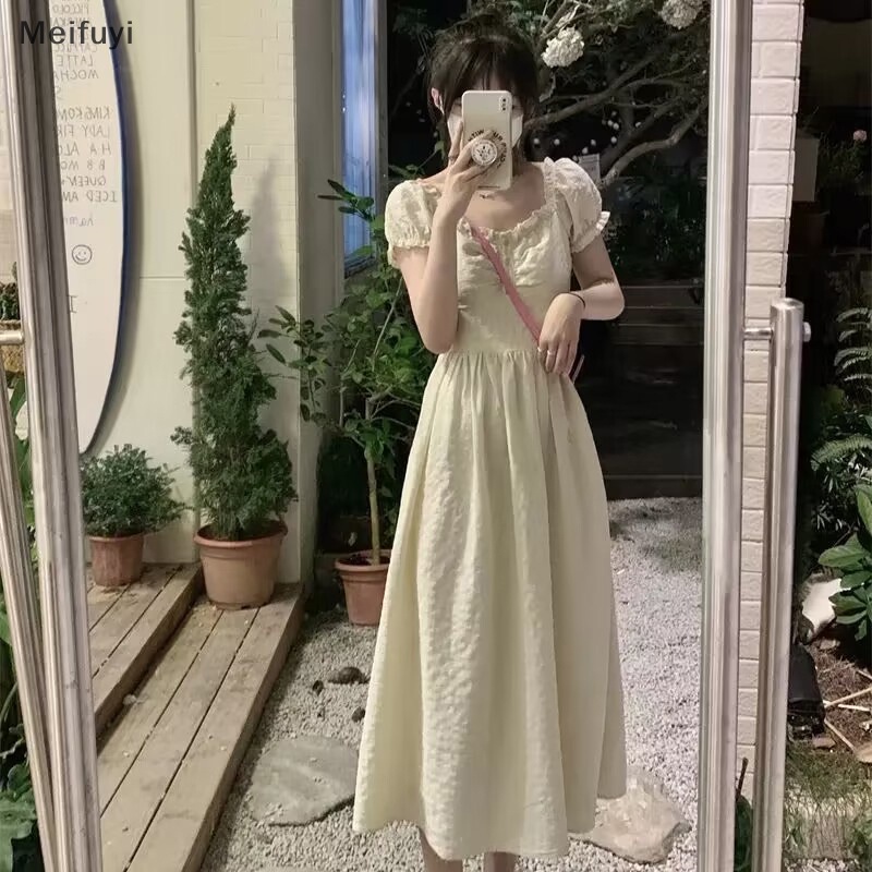 [Meifuyi] Puff Sleeve Dresses Women Midi Sweet Bodycon Summer French Style Ruffles Casual Dress COD