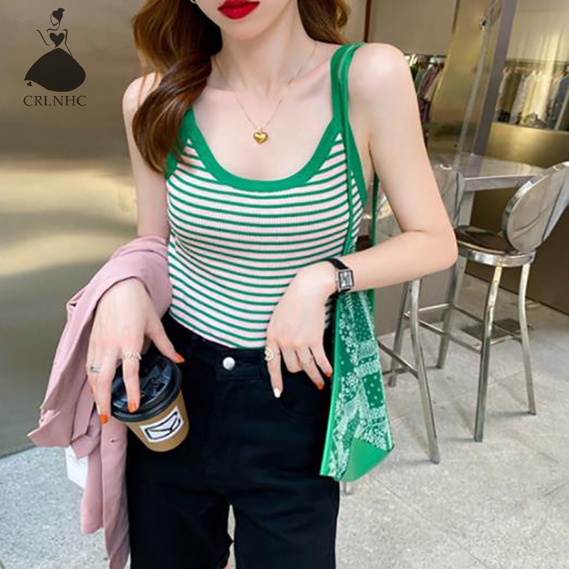 Áo Hai Dây Dệt Kim Dáng Ôm In Kẻ Sọc Kiểu Vintage Thời Trang Mùa Hè Cho Bạn Gái