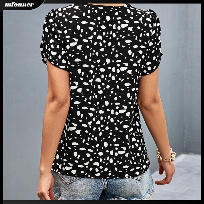 Áo Nữ Ngắn Tay Cổ Chữ V Họa Tiết Chấm Bi Thời Trang