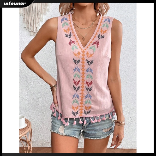 Áo Tank Top Sát Nách Cổ Chữ V Viền Tua Rua Thêu Họa Tiết Phong Cách Boho Quyến Rũ Cho Nữ