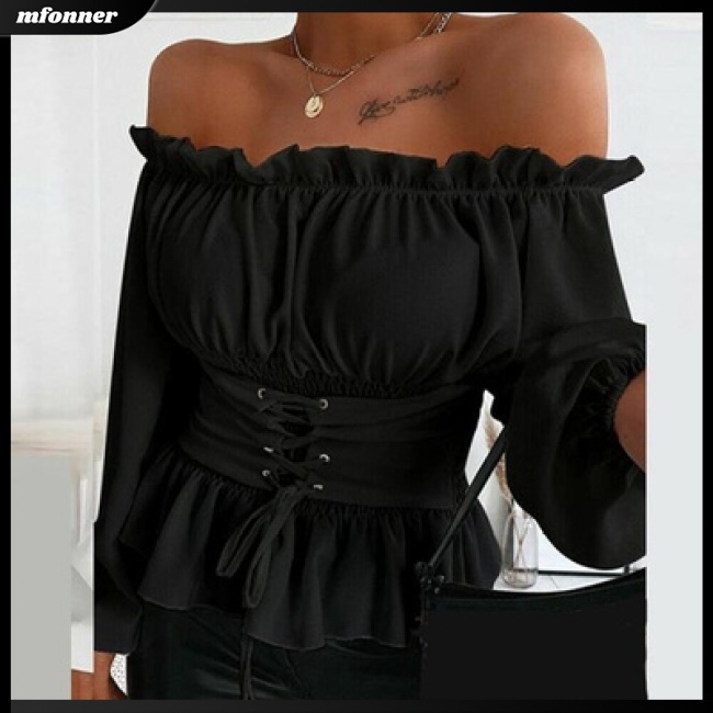 Áo Thun Trễ Vai Tay Dài Phối Bèo Màu Sắc Đơn Giản Cho Nữ