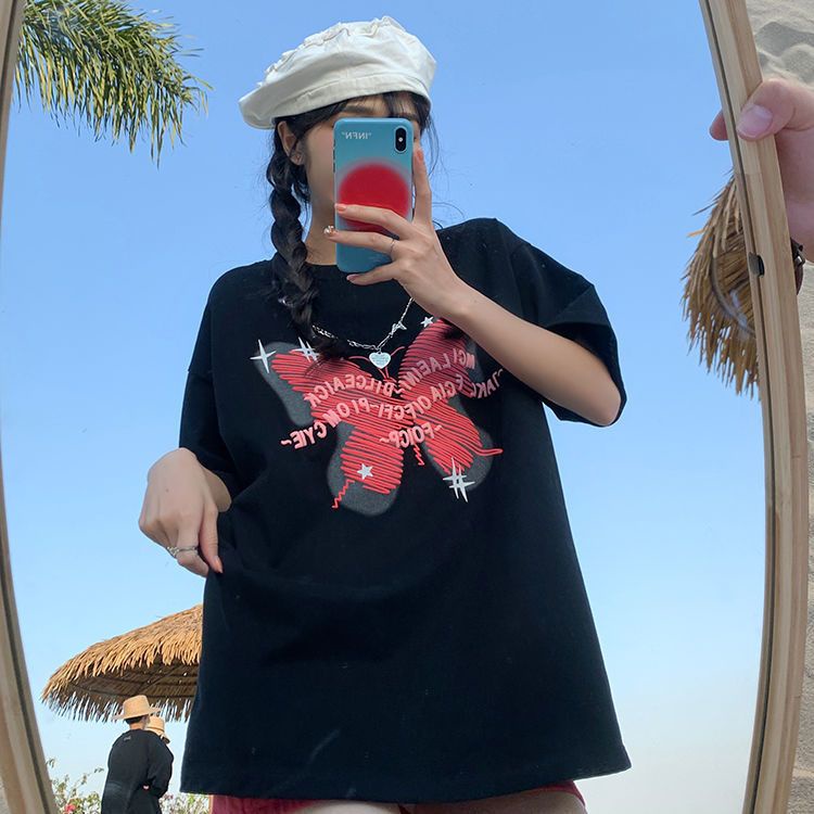 Áo Thun Ngắn Tay Dáng Rộng In Họa Tiết Phối Dây Xích Thời Trang Mùa Hè Hàn Quốc Mới Dành Cho Nữ