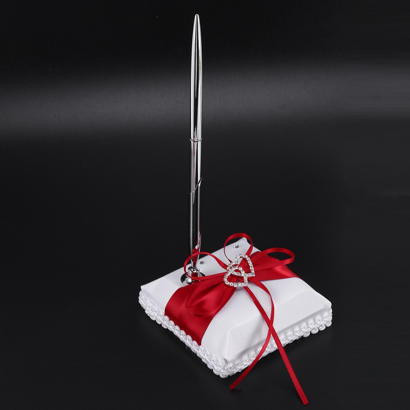 Bộ Sách Ký Tên Kèm Giá Đỡ Bút Bằng Satin Đính Đá Hình Trái Tim Màu Trắng Trang Trí Tiệc Cưới