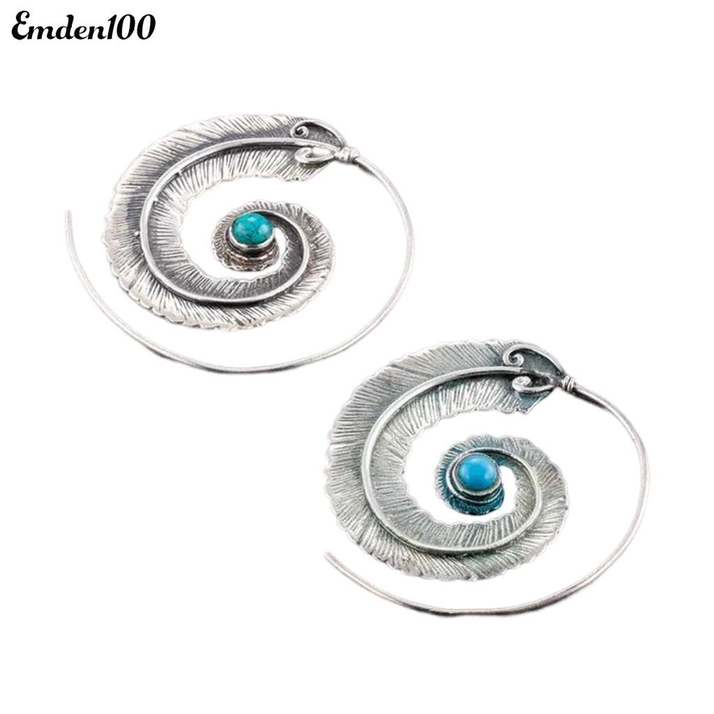 1 Đôi Bông Tai Tròn Khắc Hình Lông Vũ Đính Đá Ngọc Lam Giả Phong Cách Boho Cổ Điển Thời Trang Cho Nữ