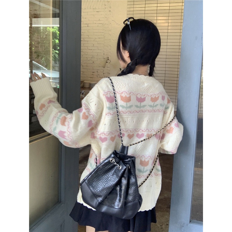 Áo Cardigan Dệt Kim Dáng Rộng Họa Tiết Hoa Tulip Thời Trang Xuân Hè Phong Cách Nhật Bản Cho Nữ