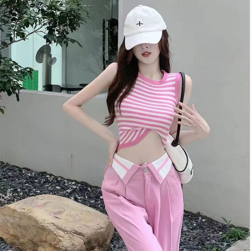 Pure hot girl suit women's fashion striped knitwear design sense suit pants outer wear casual wide-leg pants two-piece set