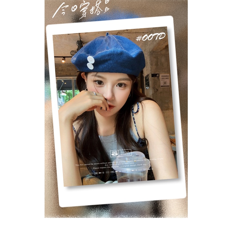 Mũ Beret Denim Phối Nút Phong Cách Thời Trang Hàn Quốc Cho Nữ