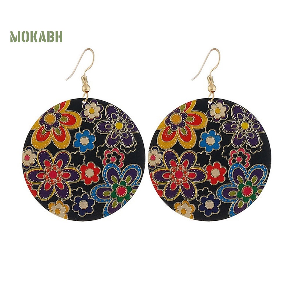 Bông Tai Dáng Dài Hình Tròn Họa Tiết Hoa Nhiều Màu Kiểu Vintage Cho Nữ