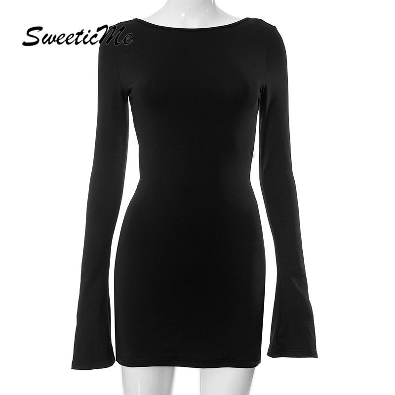 Đầm Ngắn Tay Dài Hở Lưng Thắt Nơ Màu Trơn Thời Trang Mới 2023 Dành Cho Bạn Nữ