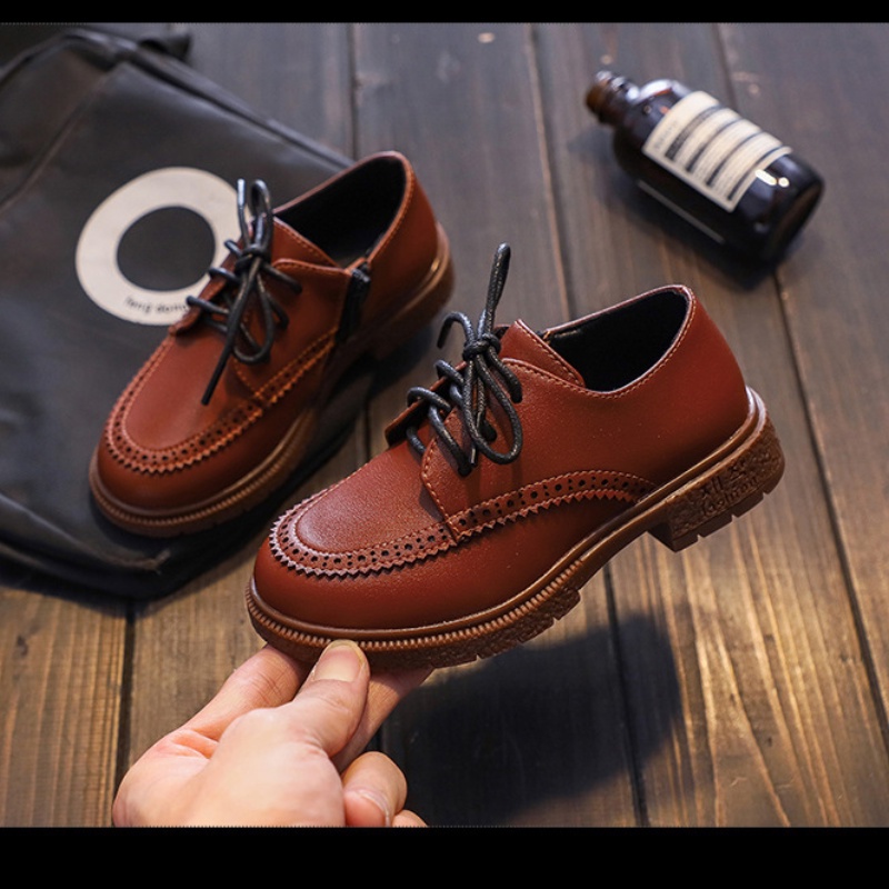 Giày Da Cột Dây Màu Đen / Nâu Chống Trượt Phong Cách Retro Trang Trọng Cho Bé Trai