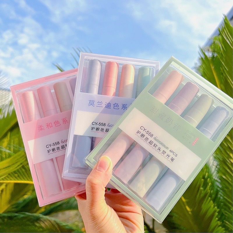 Set 4 Bút Dạ Quang Màu Pastel đánh dấu ghi chú Highlight marker dễ thương Gấu Mon