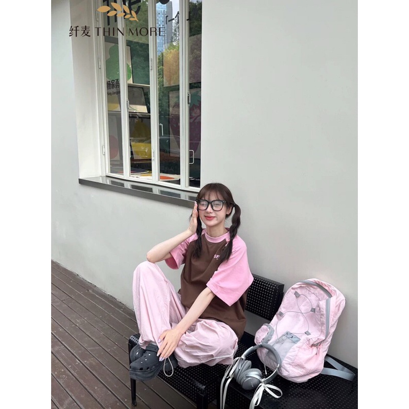 Áo Thun Baby Tee  phối tay Hồng form rộng tay lỡ phong cách Ulzzang