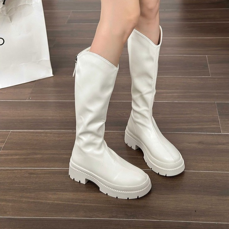 Giày Bốt Da PU Gót Vuông Mũi Tròn Thoáng Khí Thiết Kế Đơn Giản Hợp Thời Trang