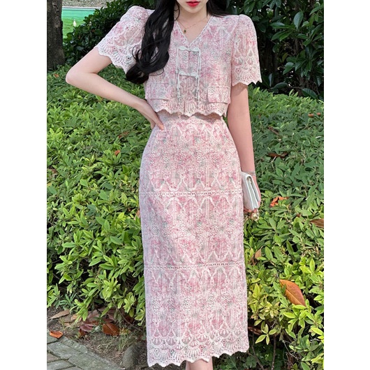 Bộ Áo Cổ Chữ V Thêu Họa Tiết + Chân Váy Lưng Cao Co Giãn Thời Trang Retro Pháp Cho Nữ