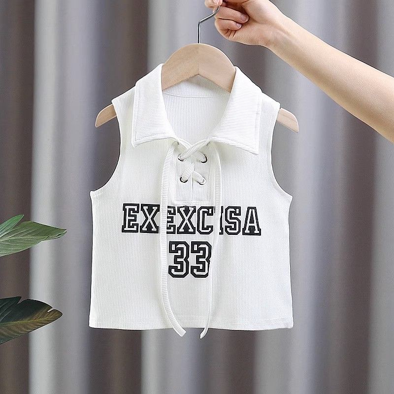Áo Thun Cotton Không Tay Cột Dây Màu Trơn In Chữ Phong Cách Hàn Quốc Thời Trang Mùa Hè Cho Bé Gái