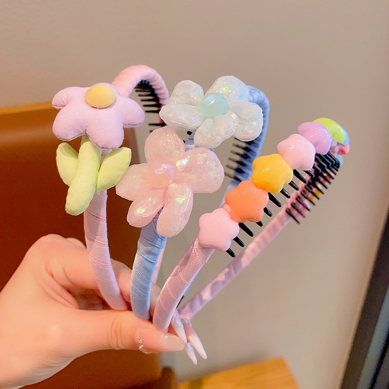 Băng Đô Cài Tóc Chống Trượt Có Răng Dễ phối mùa hè  In Hoa Dễ Thương Cho Bé Gái Mẫu mới