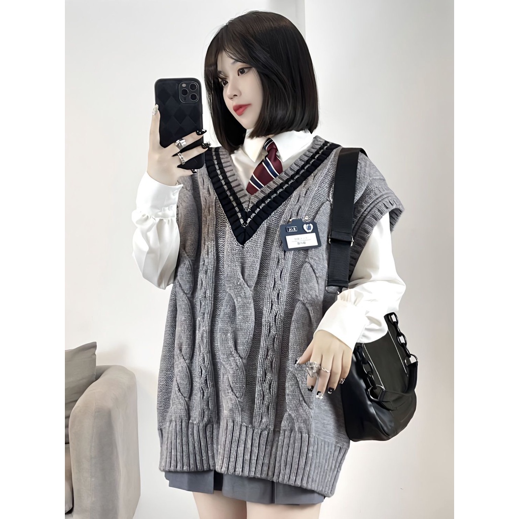 Set Áo Sơ Mi Dài Tay Và Áo Len Không Tay Phong Cách Hàn Quốc Mới