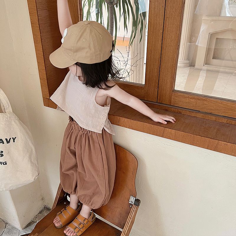 Bộ đồ trẻ em trẻ em cotton linen không tay thời trang mori style anti-mosquito quần bé trai cô gái retro mùa hè mắt cá chân-length two-piece suit tren