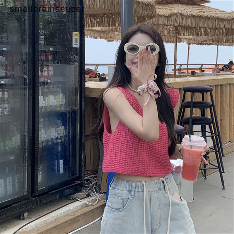 Áo Dệt Kim Sát Nách Cổ Tròn Màu Trơn Thời Trang Mùa Hè Cho Nữ SBS