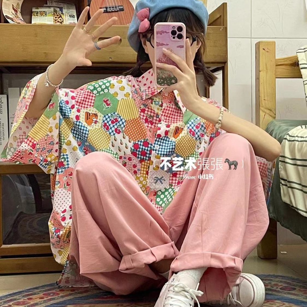 Set Áo Sơ Mi Ngắn Tay Form Rộng In Họa Tiết Và Quần ống rộng Màu Hồng Thời Trang Mùa Hè Cho Nữ Sinh