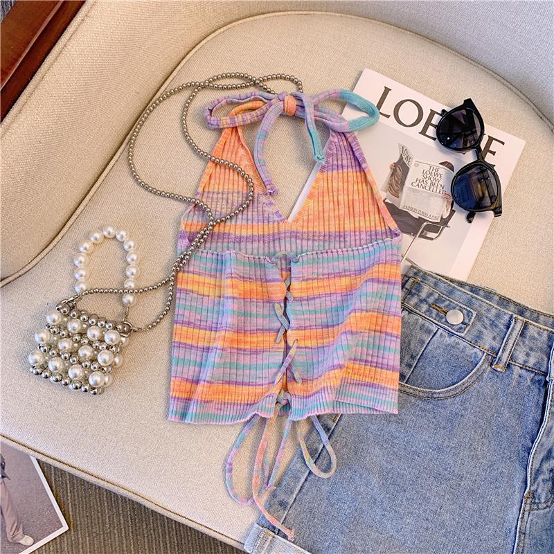 Áo Hai Dây Dệt Kim Họa Tiết Kẻ Sọc Thời Trang Mùa Hè Quyến Rũ Cho Nữ