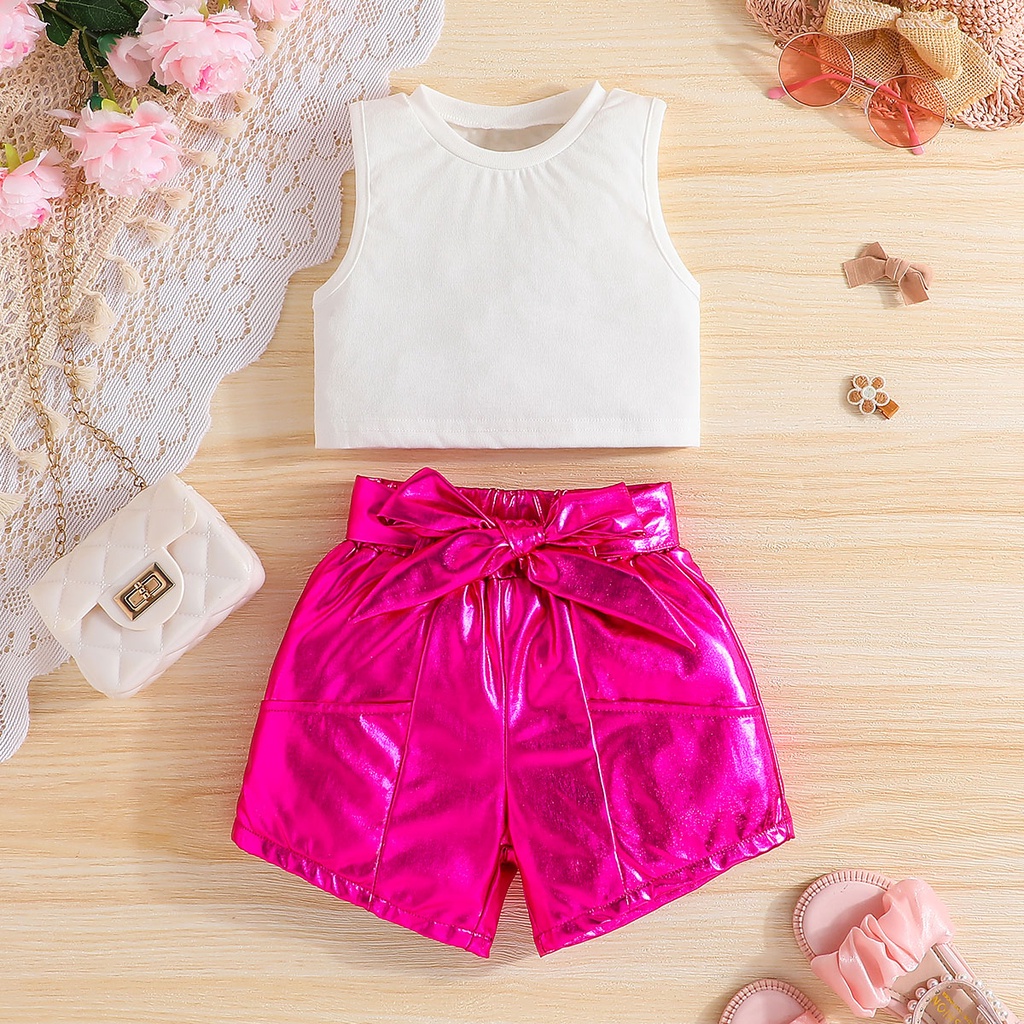 Combo bộ đồ bé gái 4-7 tuổi áo Vest Quần Ngắn và thắt lưng nơ set mùa hè thời trang cho bé trẻ em