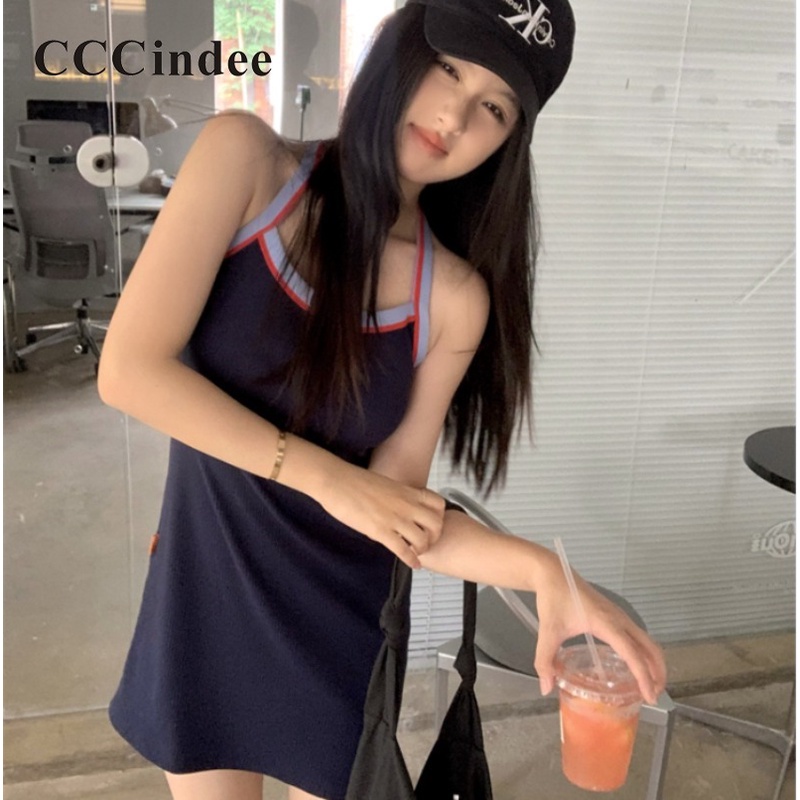 Đầm ngắn CCCINDEE không tay cổ tròn màu tương phản thời trang gợi cảm 2023 cho nữ