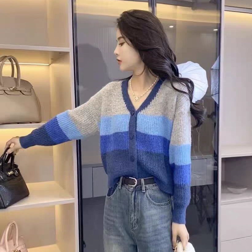 Nhân rộng đầu mùa thu lỏng lẻo phong cách lười biếng xám sọc trắng gradient dệt kim cardigan phụ nữ thiết kế cảm thấy mềm mại waxy mohair áo khoác len