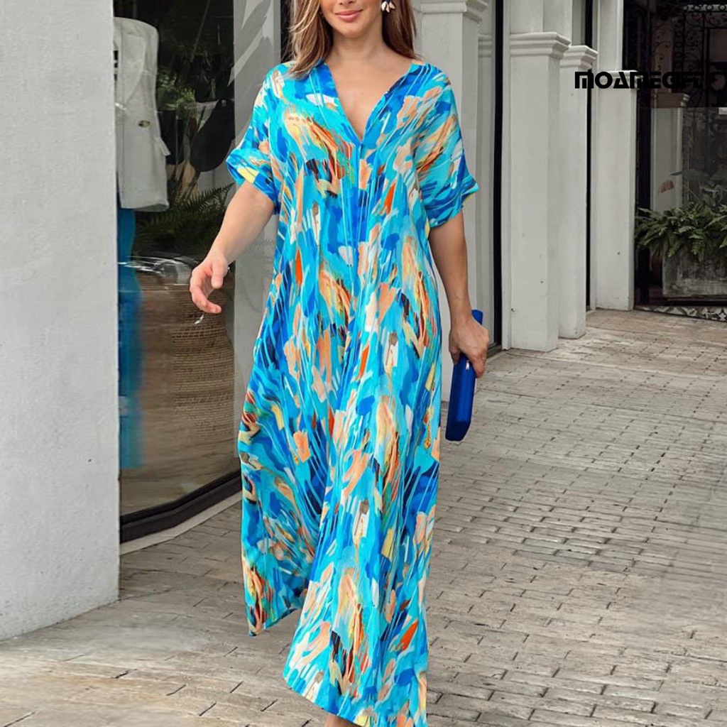 Phụ nữ váy maxi tay ngắn in đầy màu sắc cổ v lỏng eo cao quá khổ colorfast chiều dài mắt cá chân váy mùa hè