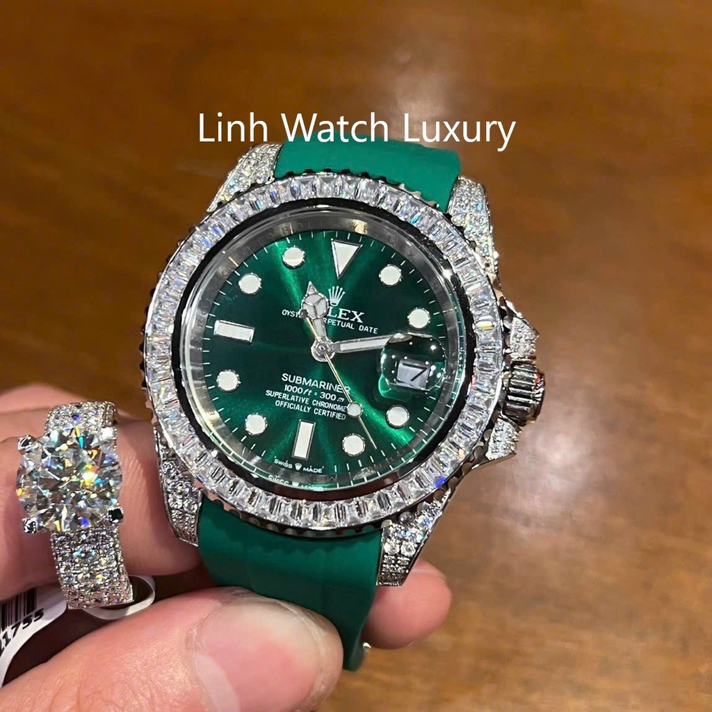 Đồng Hồ Nam R0lex Submariner viền đá CZ, Dây cao su, Máy cơ automatic, Hỗ trợ cót tay
