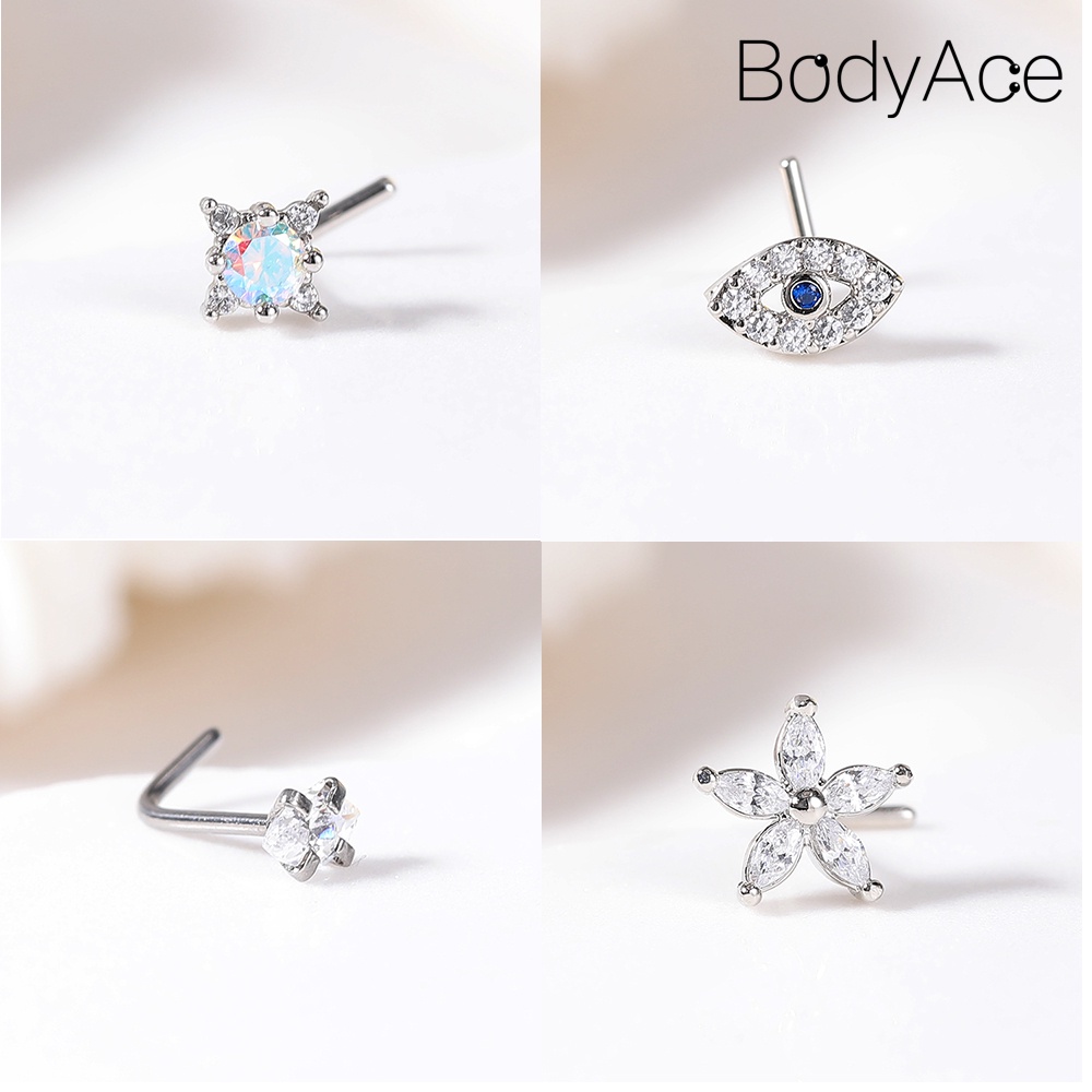 Bodyace 1pc 20g đinh tán mũi bằng thép không gỉ hình dạng l khuyên lỗ mũi pha lê khuyên mũi hình bướm hình dạng hoa đinh tán mũi