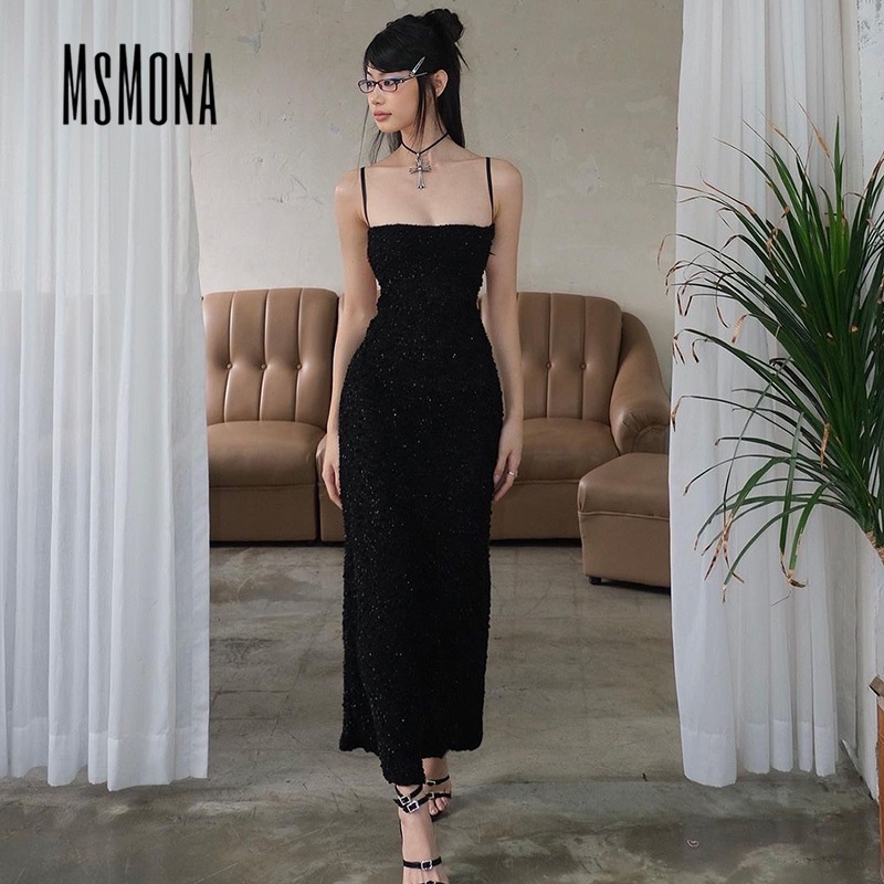 Đầm hai dây MSMONA ôm dáng hở lưng nhìn thấu lấp lánh thời trang sexy 2023 cho nữ