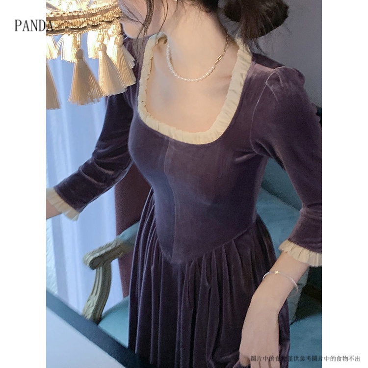 PANDA7.30Đầm Nữ Dài Tay Chất Nhung Màu Tím Phong Cách Retro váy nữ chân váy