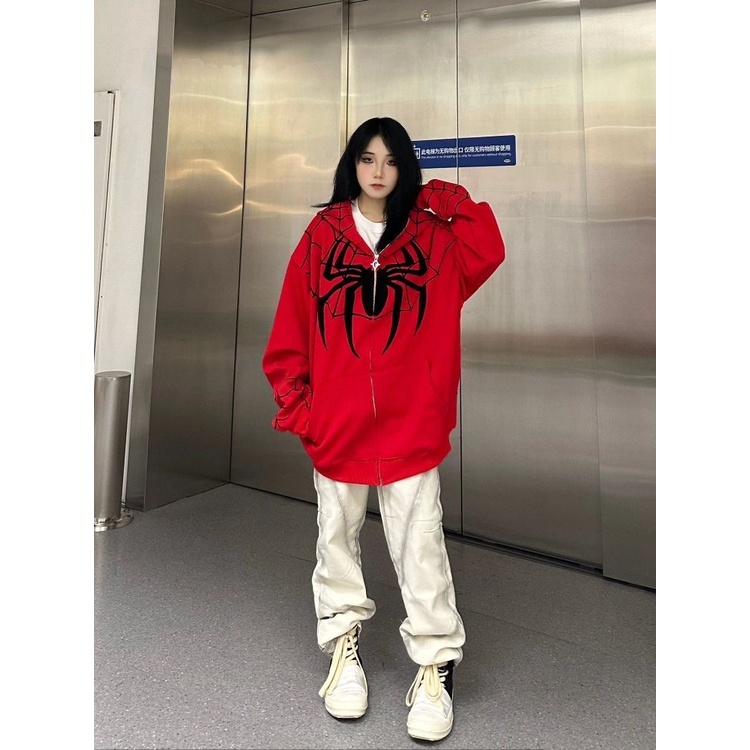 Áo hoodie MMIOT Y2k thêu họa tiết nhện phong cách hip hop cho nữ
