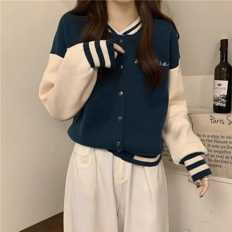 Áo khoác bóng chày hàn quốc của phụ nữ màu tương phản khâu chữ áo khoác bóng chày